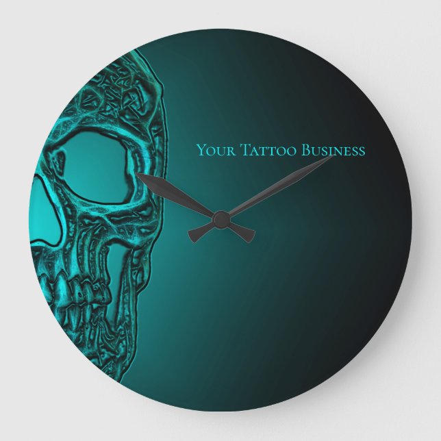Gothic Skull Head Teal Green Tattoo Shop Large Clock (Front)