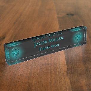Gothic Skull Head Teal Green Tattoo Shop Nameplate