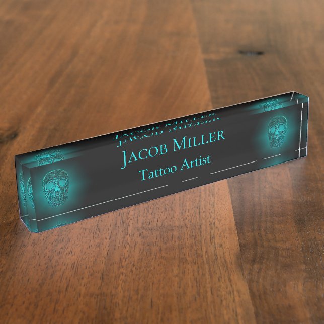 Gothic Skull Head Teal Green Tattoo Shop Nameplate (Side)