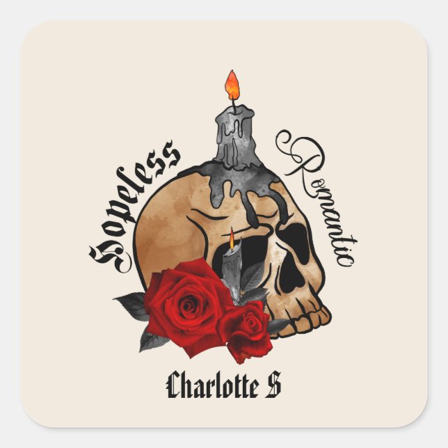 Gothic Skull Hopeless Romantic Square Sticker (Front)