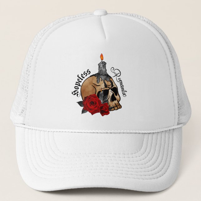 Gothic Skull Hopeless Romantic Trucker Hat (Front)