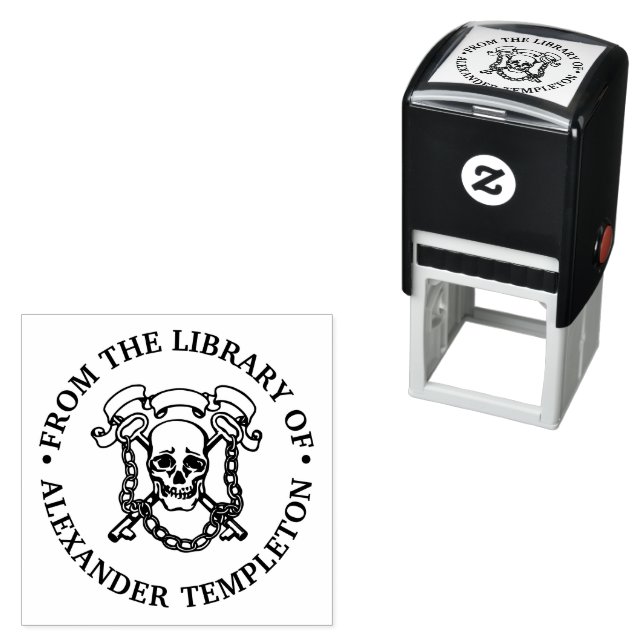 Gothic Skull, Keys, Chains Library Name Monogram Self-inking Stamp (In Situ)