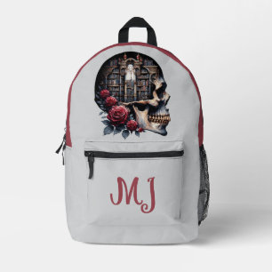 Gothic Skull Library Books Red Roses Personalised Printed Backpack