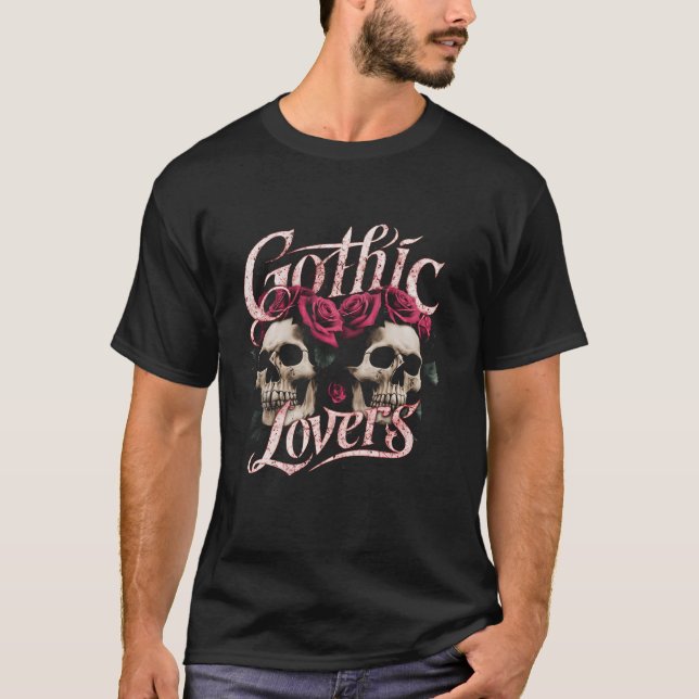 Gothic Skull Lovers Dark Rose Occult Goth Couple M T-Shirt (Front)