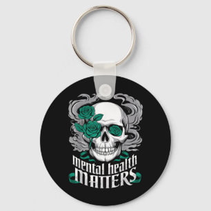 Gothic Skull Mental Health Awareness Green Roses Key Ring