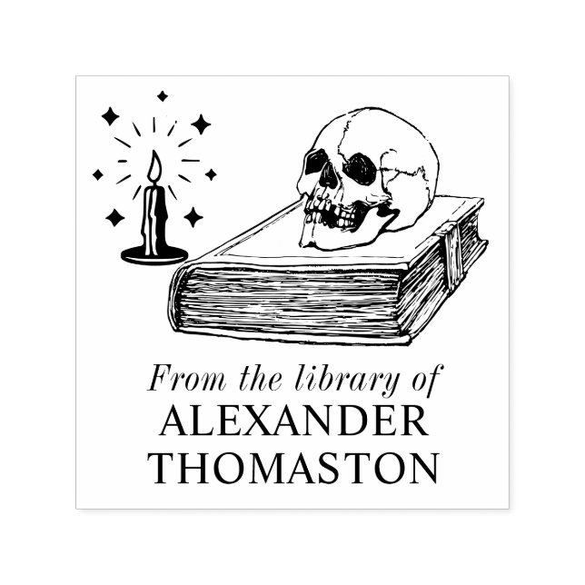 Gothic Skull on Open Book Candle Library Book Name Self-inking Stamp (Design)