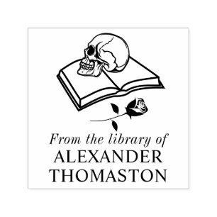 Gothic Skull on Open Book with Rose S Library Name Self-inking Stamp