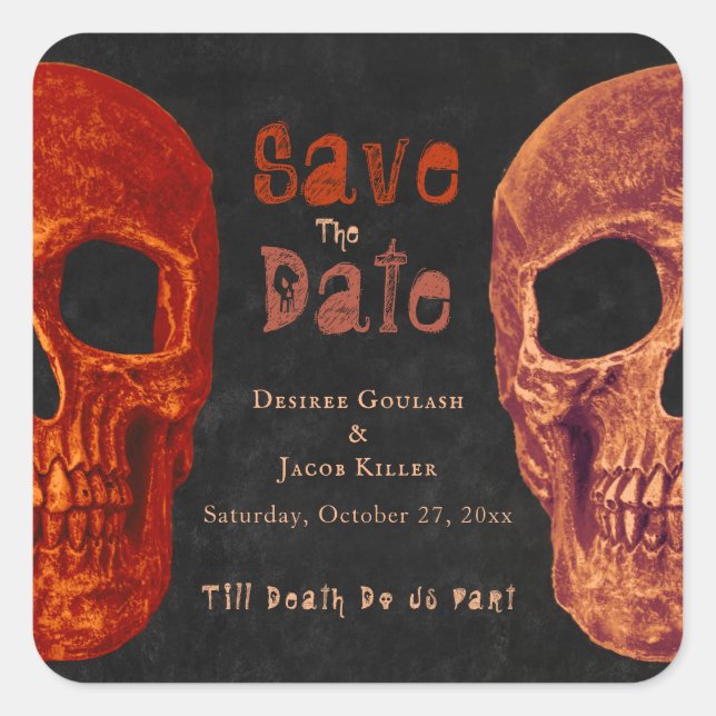 Gothic Skull Orange Black Save The Date Square Sticker (Front)