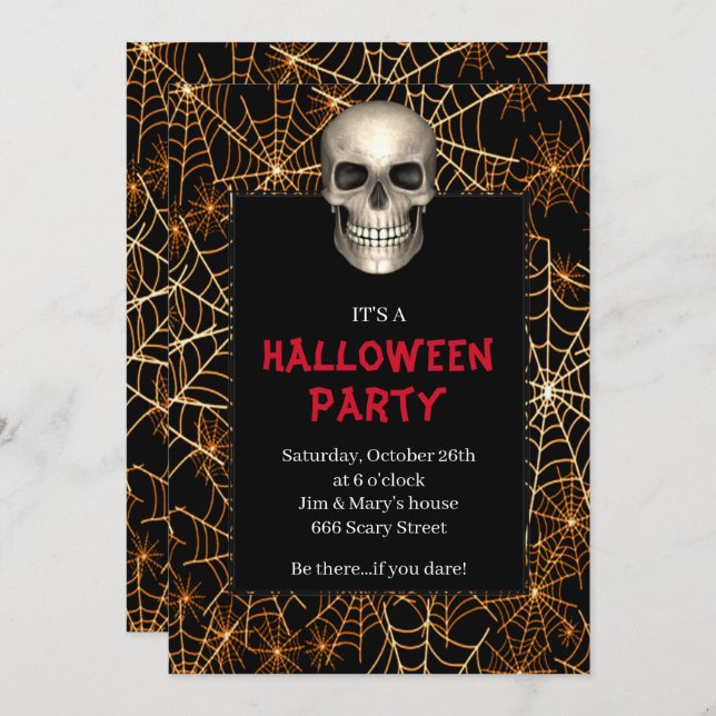 Gothic Skull Orange Spider Web Halloween Party Invitation (Front/Back)