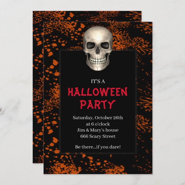Gothic Skull Orange Splatter Halloween Party Invitation (Front/Back)