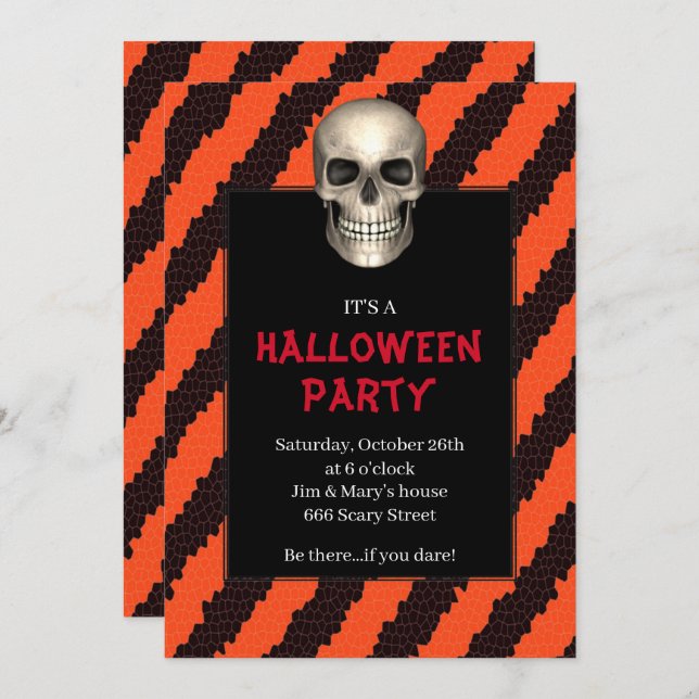 Gothic Skull Orange Stripe Halloween Party Invitation (Front/Back)