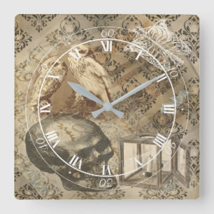 Gothic Skull, Owls and Candle Ephemera  Square Wall Clock