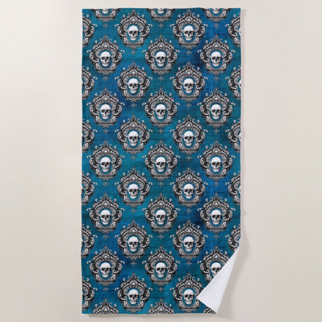 Gothic Skull Pattern on Royal Blue Beach Towel (Front)