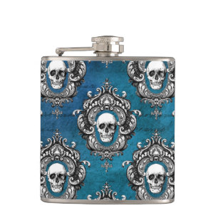 Gothic Skull Pattern on Royal Blue Hip Flask