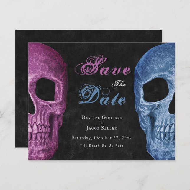Gothic Skull Pink Blue Hallowedding Save The Date (Front/Back)
