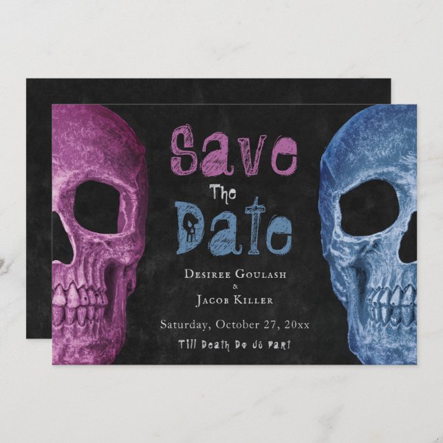 Gothic Skull Pink Blue Halloween Save The Date (Front/Back)