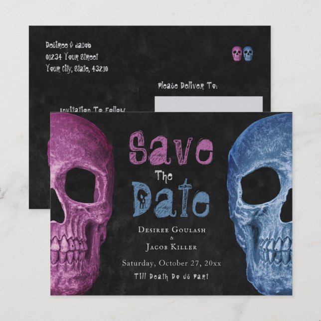Gothic Skull Pink Blue Save The Date Announcement Postcard (Front/Back)