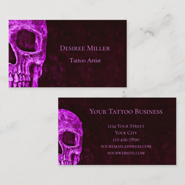 Gothic Skull Pink Burgundy Tattoo Shop Business Card (Front/Back)