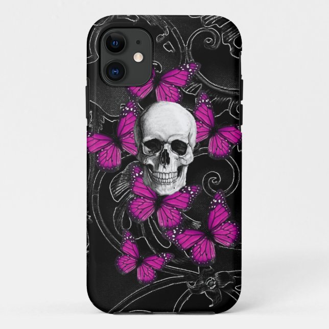 Gothic skull & purple butterflies Case-Mate iPhone case (Back)
