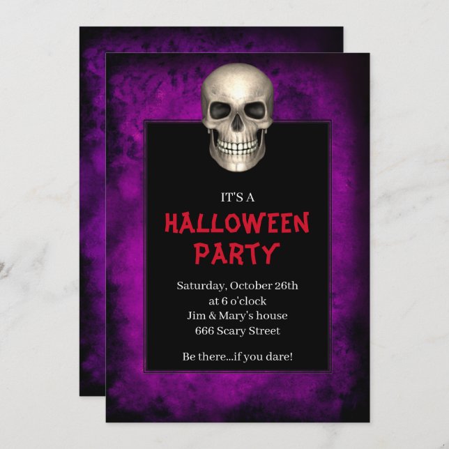 Gothic Skull Purple Grunge Halloween Party Invitation (Front/Back)