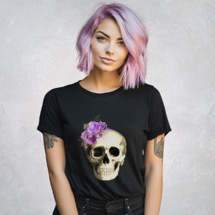 Gothic Skull Purple Roses Black T-Shirt