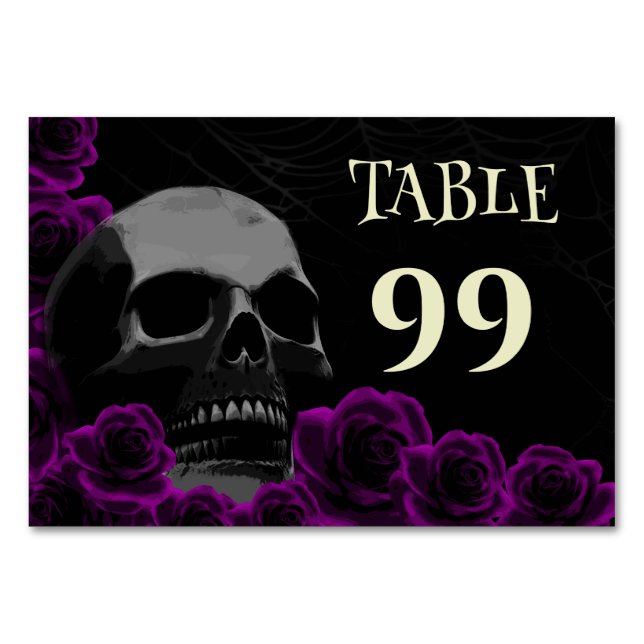 Gothic Skull Purple Roses Spooky Halloween Weddi Table Number (Front)