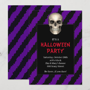 Gothic Skull Purple Stripe Halloween Party Invitation