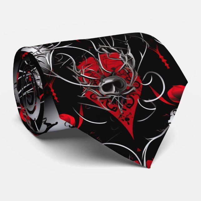 Gothic Skull Red Black and Gray Line Art Tie (Rolled)