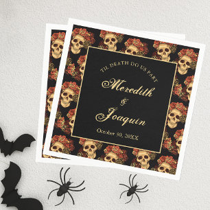 Gothic Skull Red Rose Black Halloween Wedding Napkin