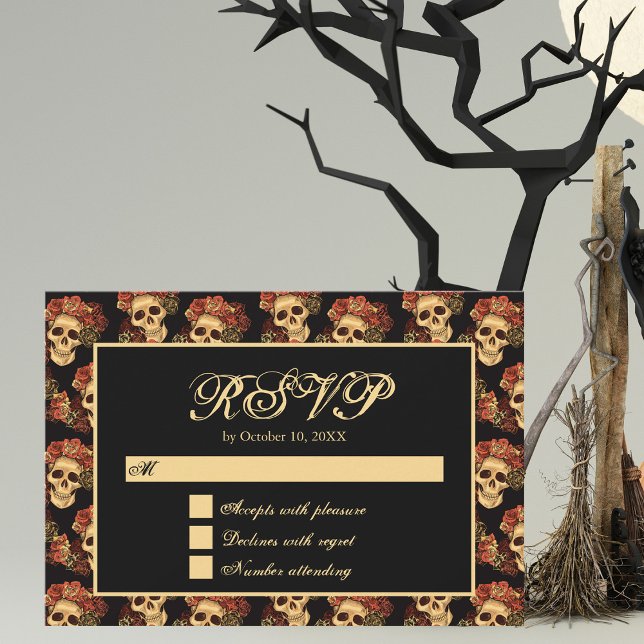 Gothic Skull Red Rose Black Halloween Wedding RSVP Card (Creator Uploaded)