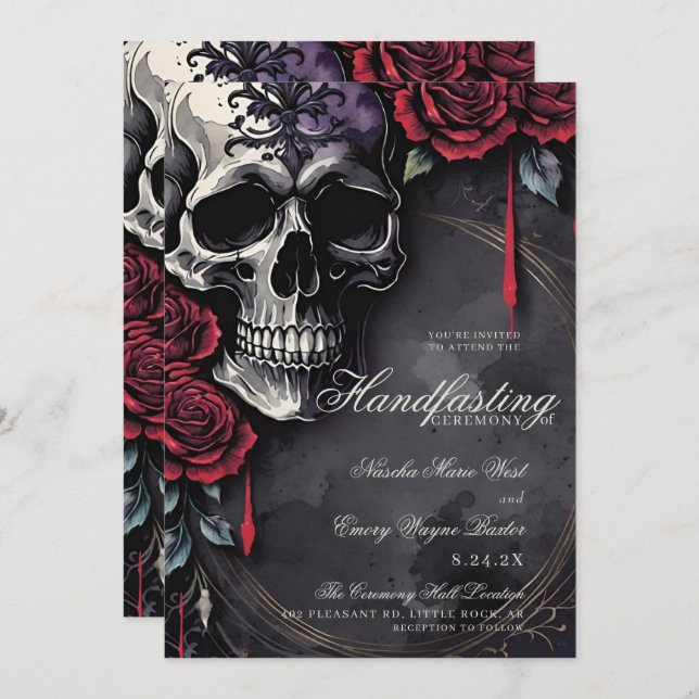 Gothic Skull & Red Roses Halloween Handfasting Invitation (Front/Back)