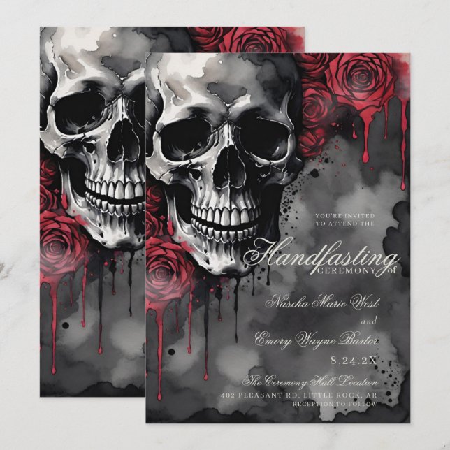 Gothic Skull & Red Roses Halloween Handfasting Invitation (Front/Back)