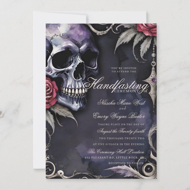 Gothic Skull & Red Roses Halloween Handfasting Invitation (Front)