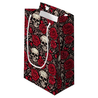 Gothic Skull & Red Roses Toile Pattern Small Gift Bag