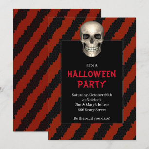 Gothic Skull Red Stripe Halloween Party Invitation