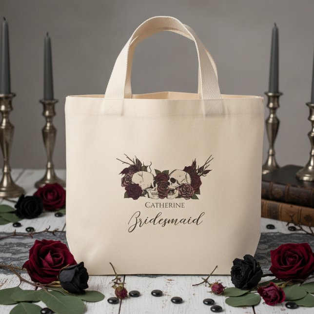 Gothic Skull & Rose Bridesmaid Mini Tote Bag (Elegant Gothic Wedding Tote Bags. Dark Floral Skulls with Burgundy and Mauve Roses for Bridesmaid)