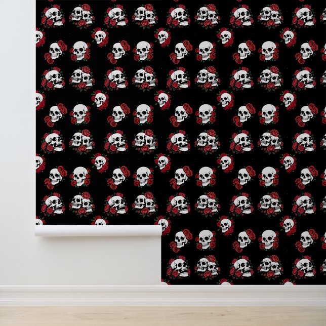 Gothic Skull Rose Dark Floral Pattern Wallpaper (Application)