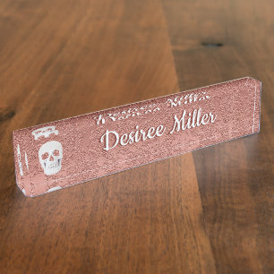 Gothic Skull Rose Gold White Modern Elegant Floral Nameplate