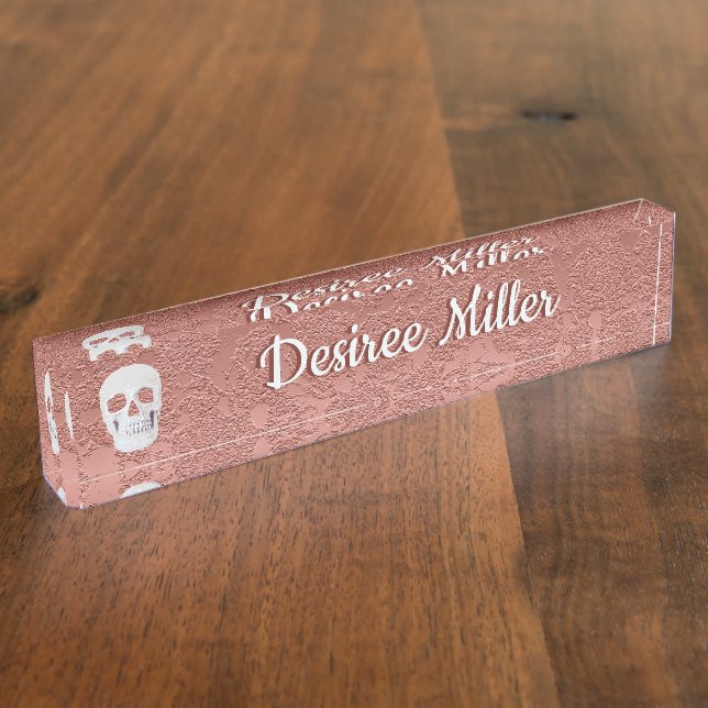 Gothic Skull Rose Gold White Modern Elegant Floral Nameplate (Side)