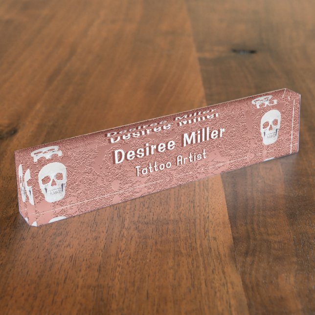 Gothic Skull Rose Gold White Modern Elegant Floral Nameplate (Side)