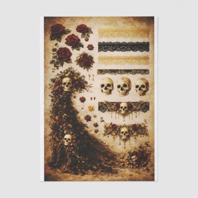 Gothic Skull Rose Mini Elements FJ5L Decoupage Tissue Paper (Front)