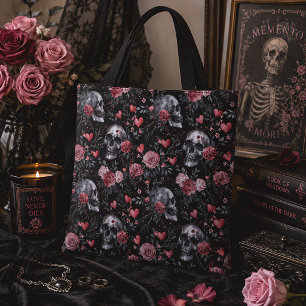 Gothic Skull & Roses Dark Floral Tote Bag