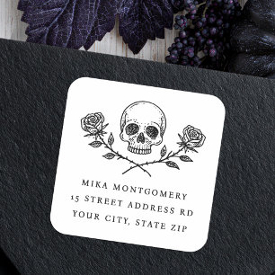 Gothic Skull & Roses Halloween Return Address Square Sticker