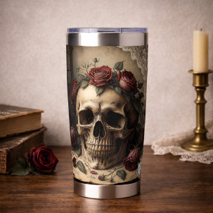 Gothic Skull Roses Monogram Dark Academia Design Insulated Tumbler