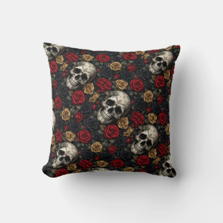 Gothic Skull & Roses Throw Pillow