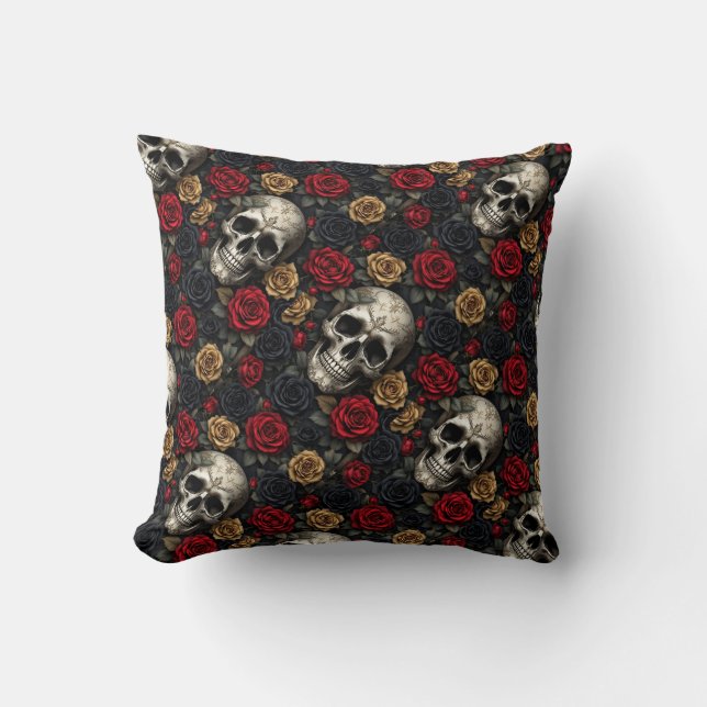 Gothic Skull & Roses Throw Pillow (Front)