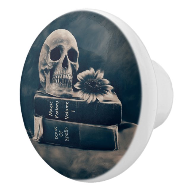 Gothic Skull Vintage Old Books Cyanotype Macabre Ceramic Knob (Right)