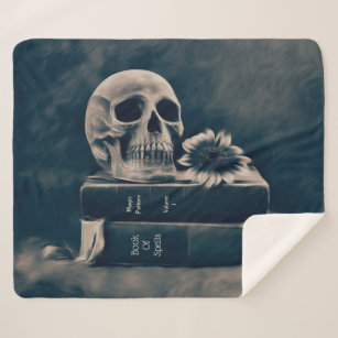 Gothic Skull Vintage Old Books Cyanotype Macabre Sherpa Blanket