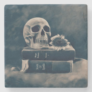 Gothic Skull Vintage Old Books Cyanotype Macabre Stone Coaster
