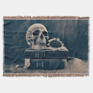 Gothic Skull Vintage Old Books Cyanotype Macabre Throw Blanket